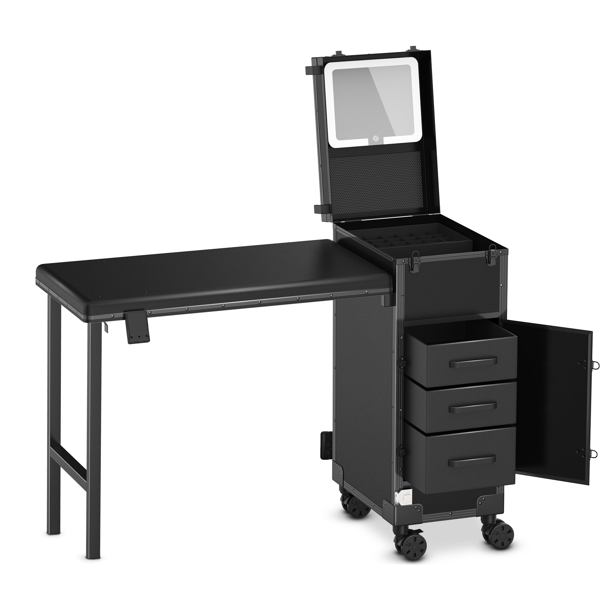 Inbox Zero Rolling Portable Manicure Table With 3 Drawers, Mirror